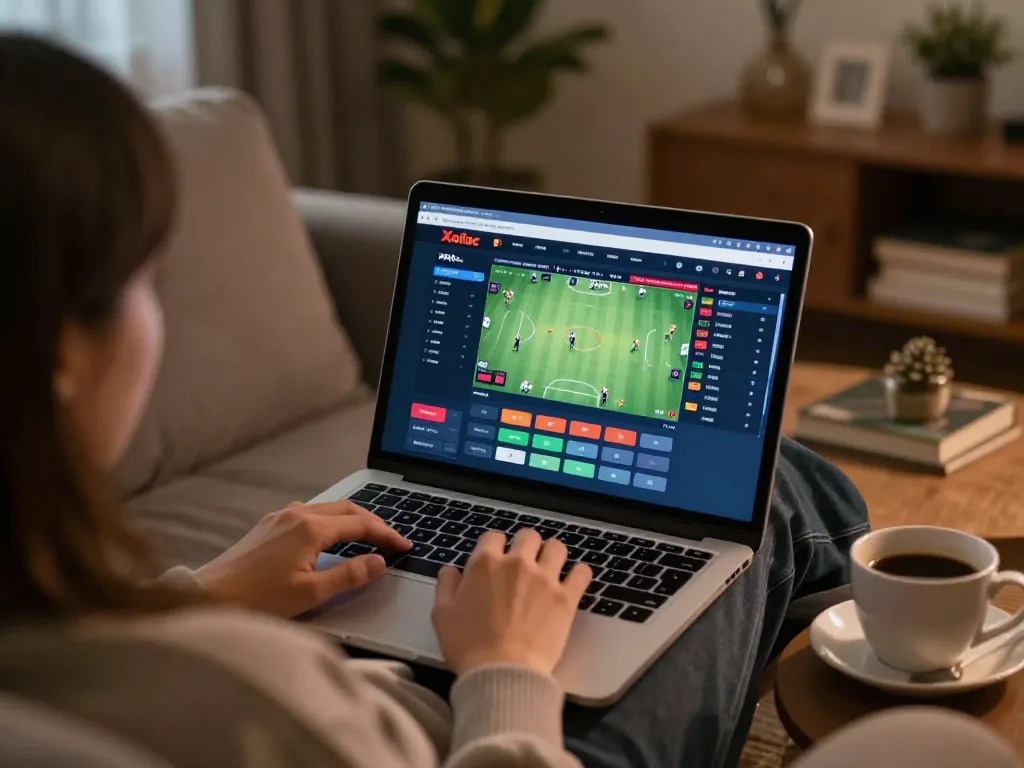 Xoilac user placing bets online on a comfortable sofa, showcasing a relaxed gambling environment.