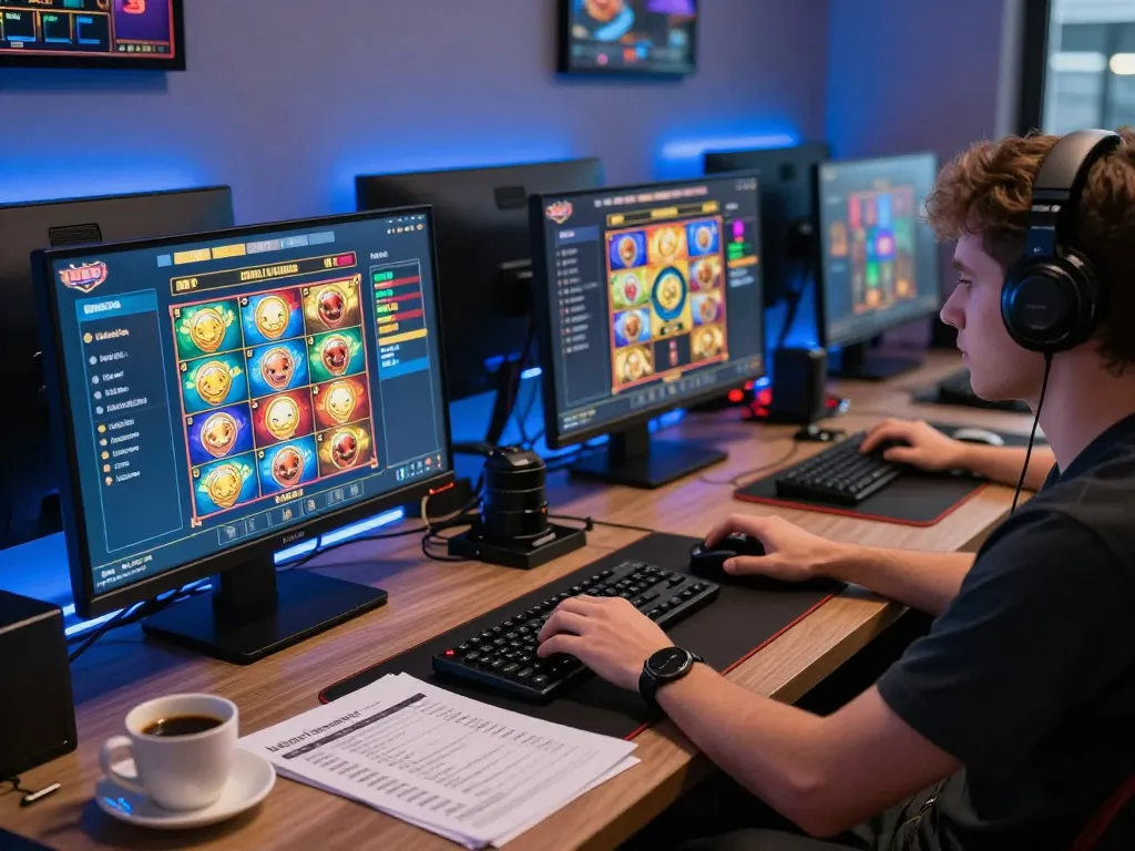 Player engaging with various judi slot games on multiple screens, creating an immersive online gaming experience.