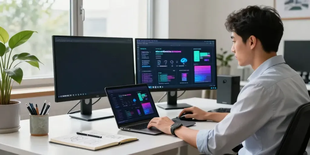 Workspace showcasing a professional using AI generated product benefit statements on dual monitors, fostering creativity.