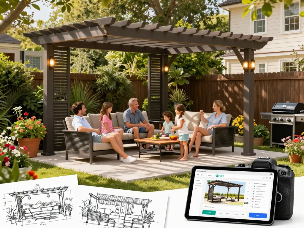 Pergola configurator software displayed on a tablet with a family enjoying custom outdoor living under a stylish pergola.