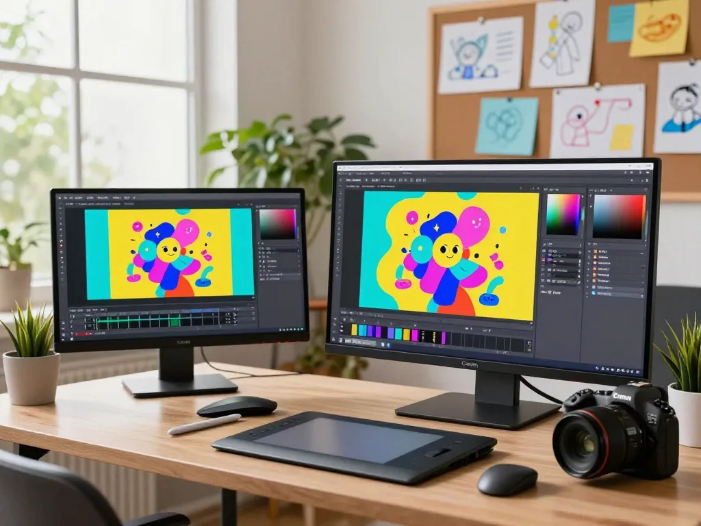 Designer utilizing nano banana ai in a bright digital workspace with art tools and vibrant images.