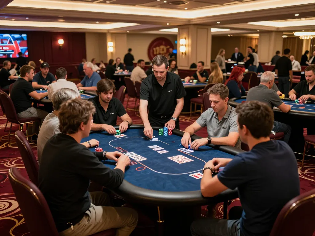 KJC players engaged in intense poker action at an upscale casino game table.