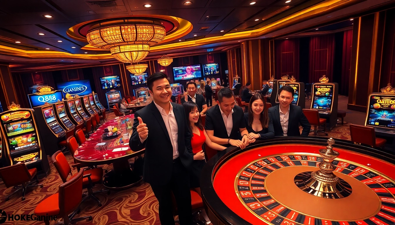 Gamblers enjoying the thrill of QH88 casino games in a vibrant, luxurious environment.