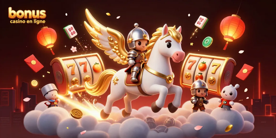 Bonus casino en ligne avec un cheval céleste et des éléments de jeux animés dans un royaume fantastique.