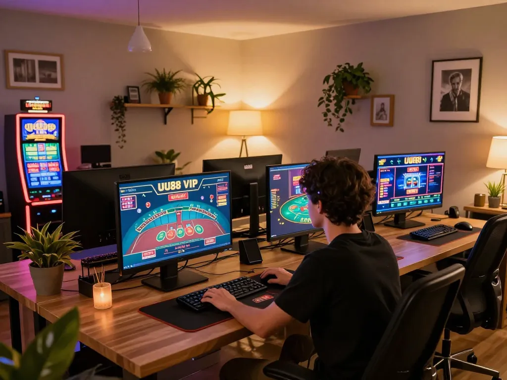 UU88 VIP player engaged in dynamic online gaming with multiple screens, showcasing live tables and slots.