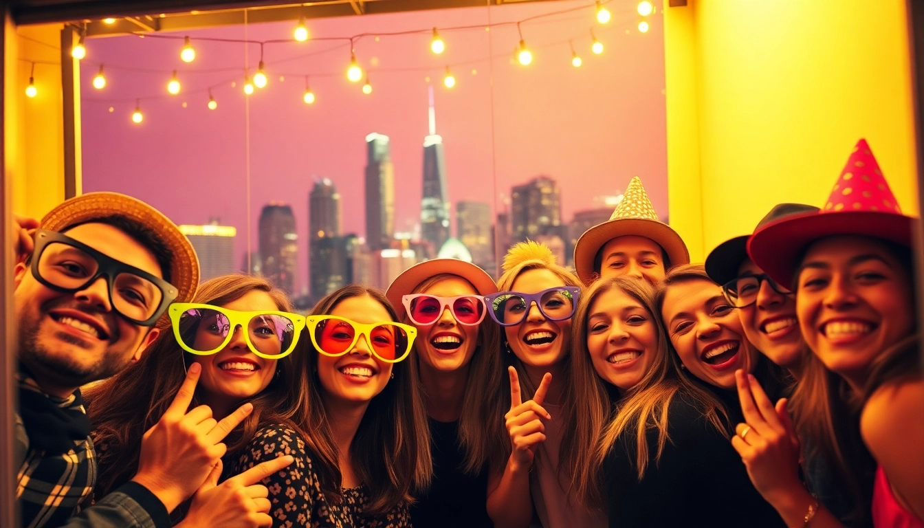 Engaged group enjoying a photo booth Chicago experience with lively props and city skyline.