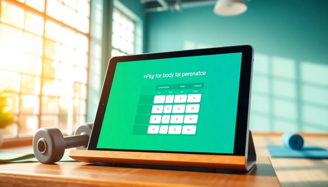 Utilize the body fat percentage calculator interface in a bright gym environment.