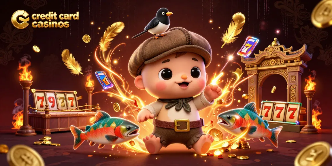Experience excitement at credit card casinos with adorable Nessie and friends amidst gold coins and vibrant game elements.