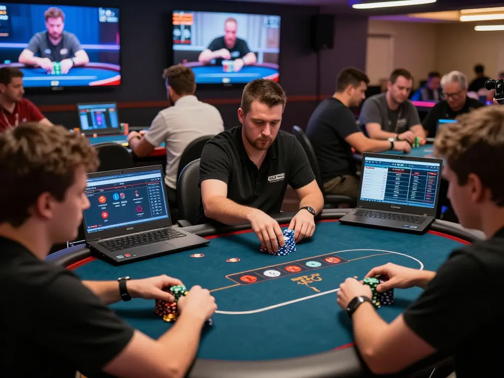 Giường bệnh nhân informed players strategizing during an online poker tournament with stacked chips.
