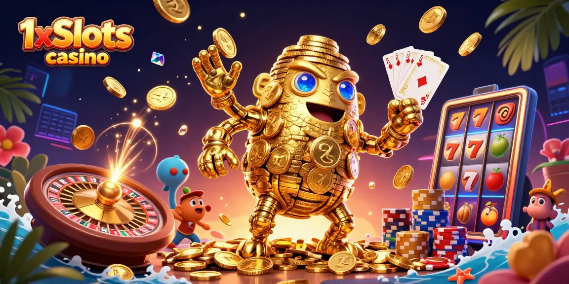 Engage with the thrilling world of 1xSlots casino as a shimmering golden golem and dynamic casino elements come to life.