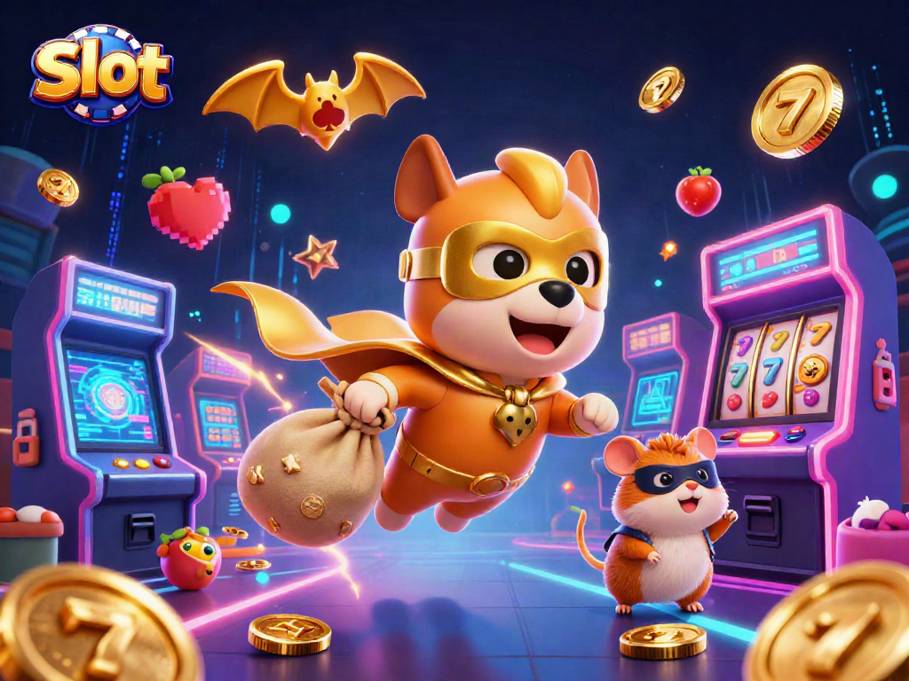 Exciting Slot-themed illustration with a superhero dog and hamster amidst vibrant 3D game elements.