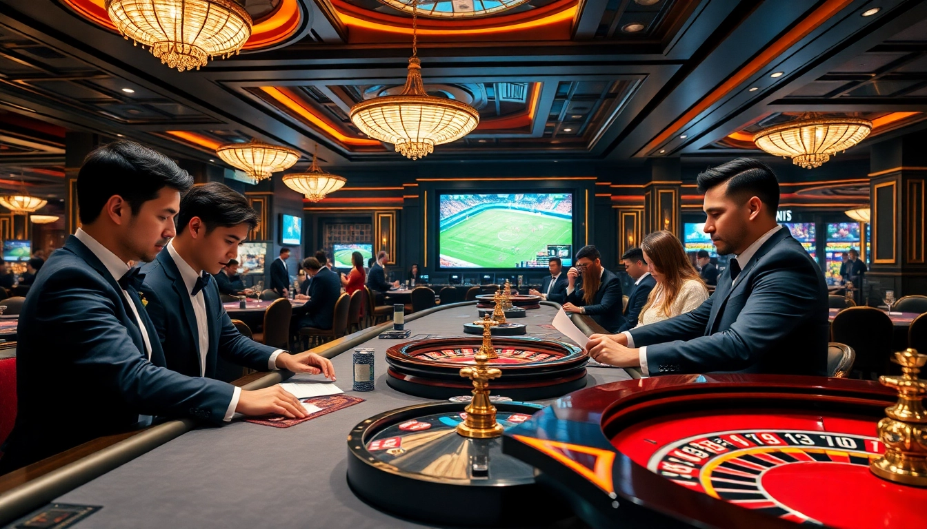 Engaged players calculating tỷ lệ kèo nhà cái at a luxurious casino betting table.