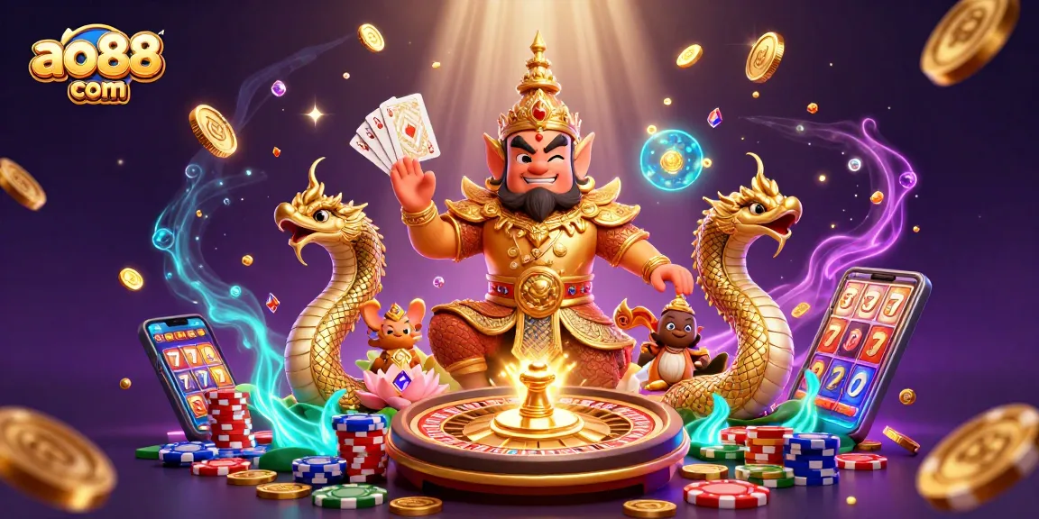 Spin big wins with ao88 com's vibrant 3D casino scene, featuring lively characters and dynamic game elements.
