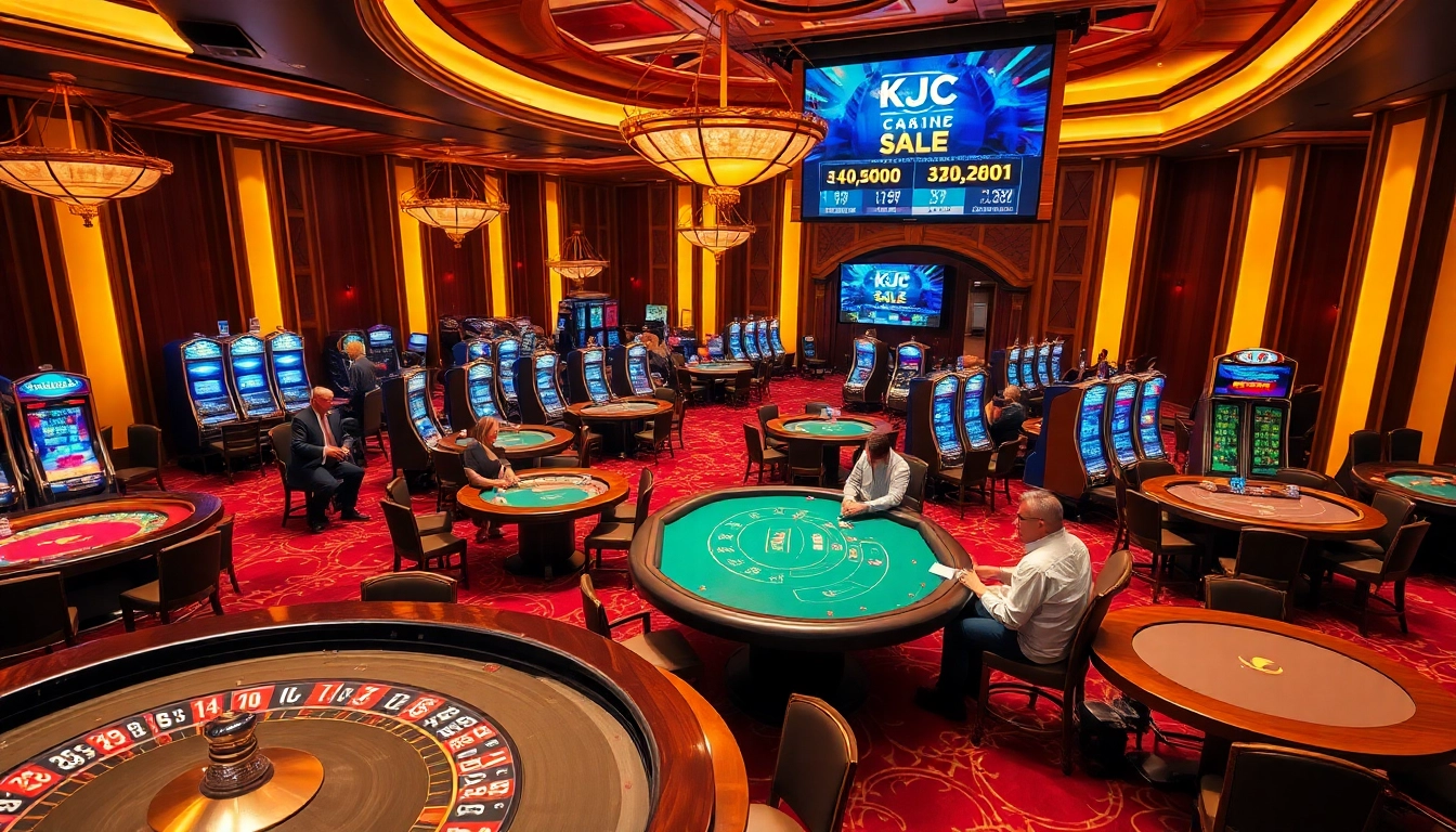 KJC casino excitement with players at roulette and blackjack tables in a luxurious setting.