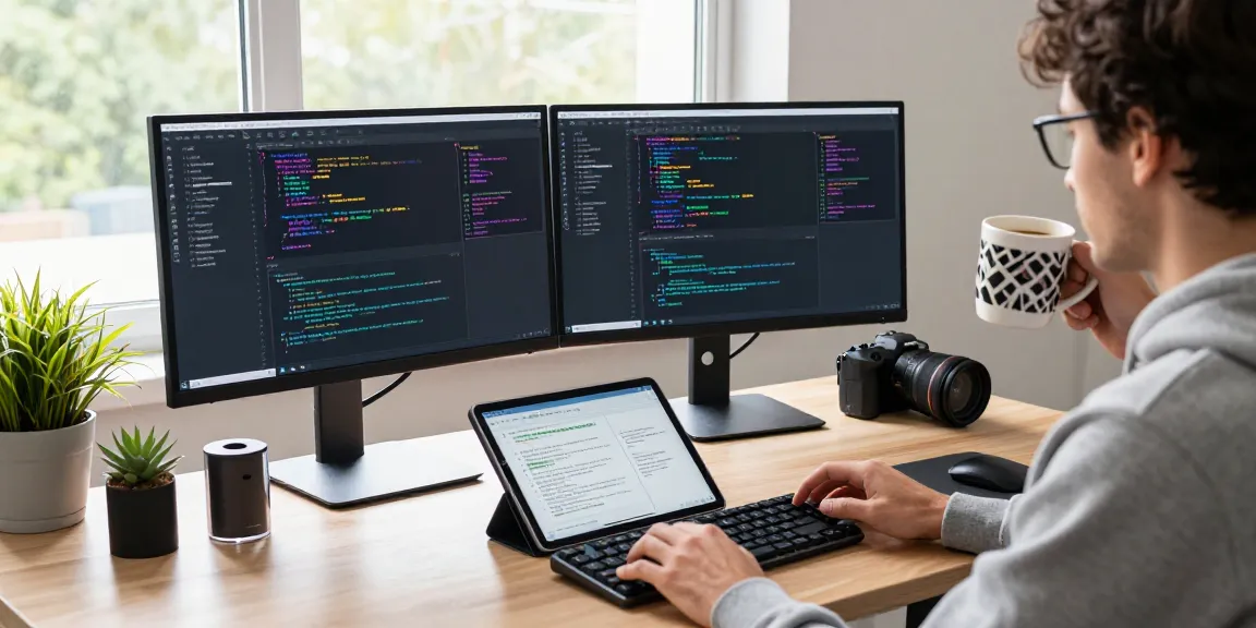 Innovative tech workspace with a developer coding and 纸飞机下载 app interface on display