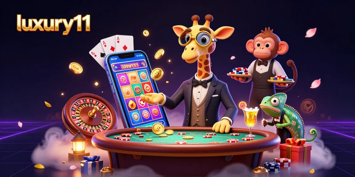 Experience luxury111 casino magic with a giraffe and monkey in a vibrant, dynamic gambling scene.