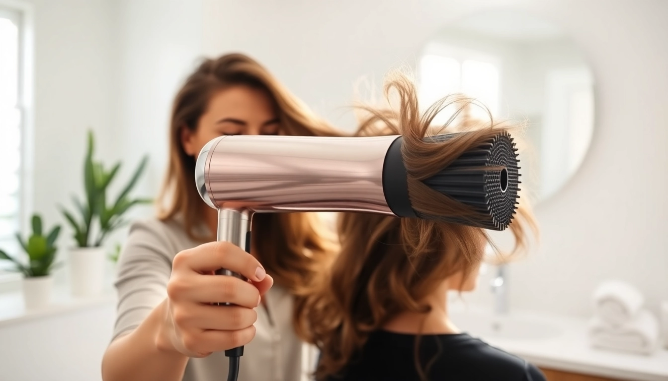 Stylist using a Frizzy hair dryer on model with beautiful, voluminous hair.