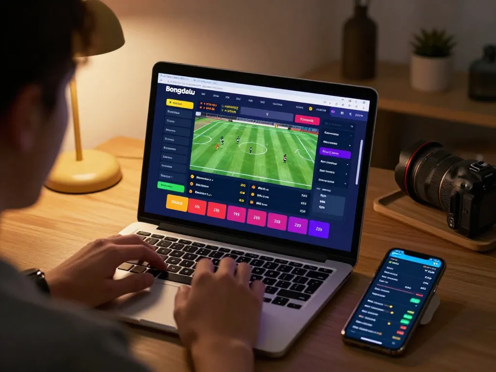 Bongdalu user analyzing football odds and live scores on laptop for strategic betting.