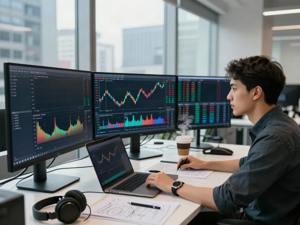 tradingview官网 with a trader analyzing charts in a modern office setting during the day