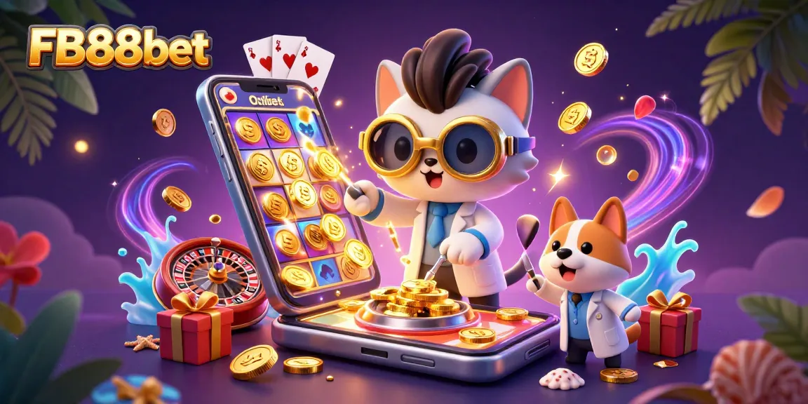 Engage with FB88bet's vibrant casino scene featuring cartoon characters and dynamic gaming elements.