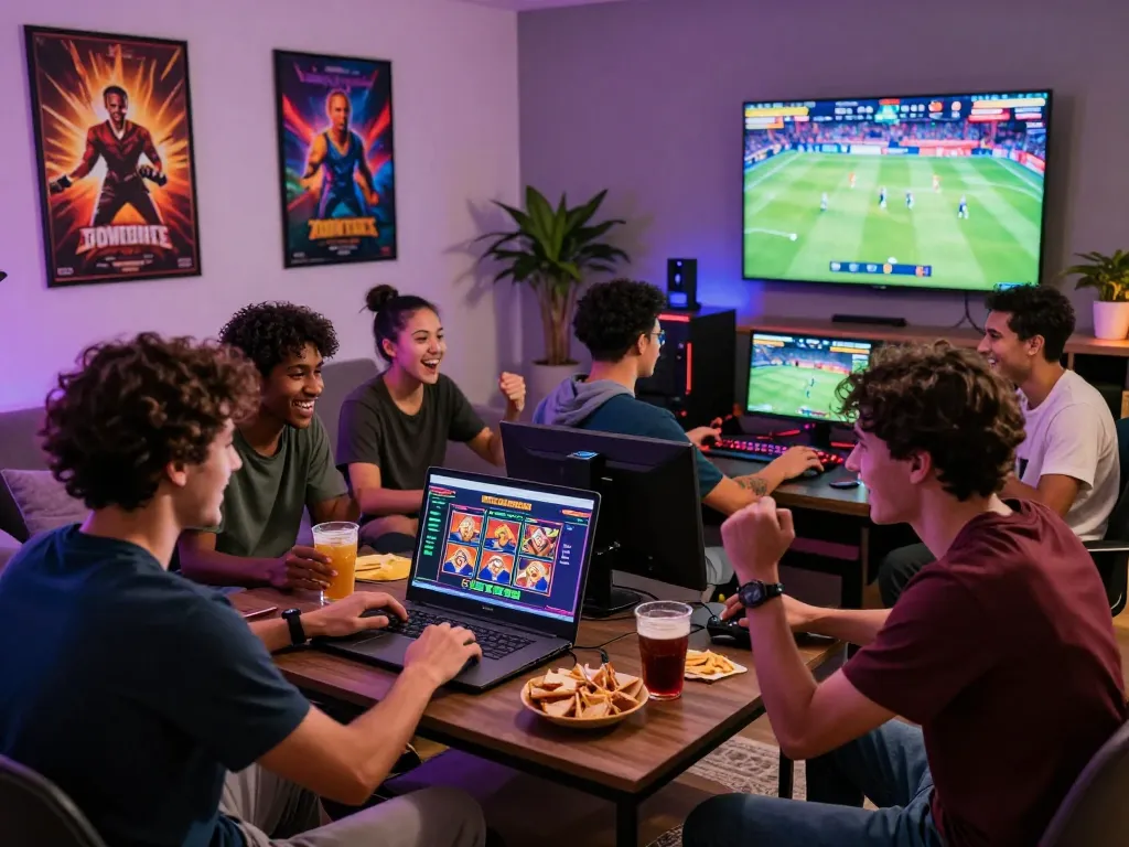 Friends enjoying exciting online gaming on ligasedayu with vibrant atmosphere.