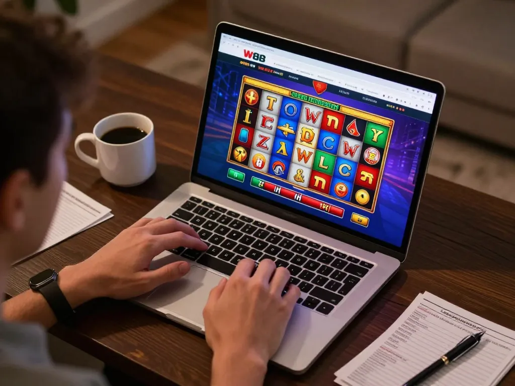 Playing engaging slot games on W88 online casino platform from a cozy home setup