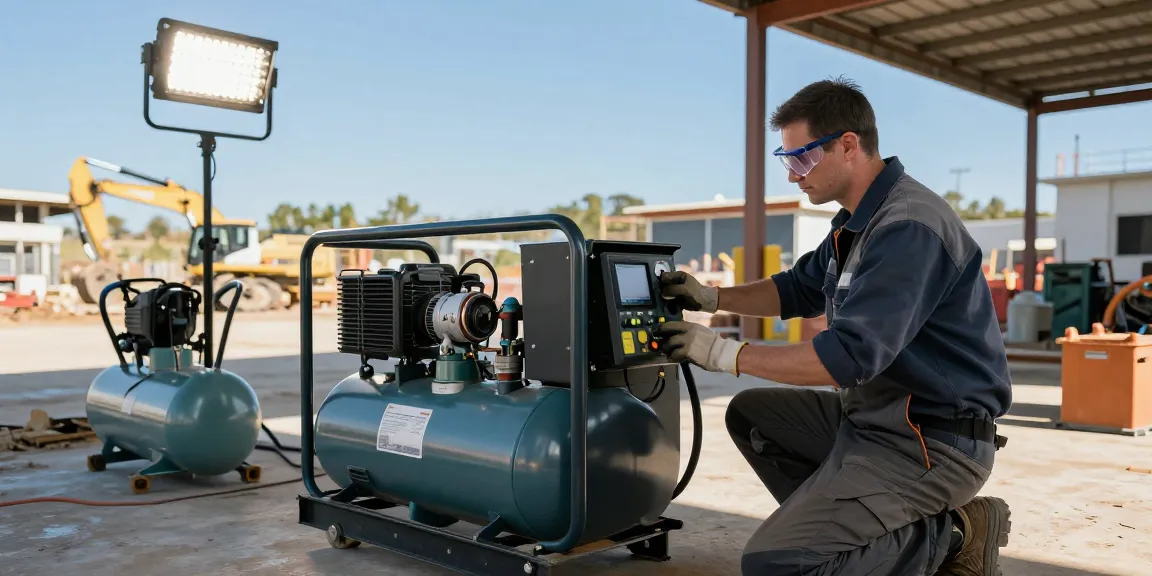 Technician adjusting a gas generator at a construction site with air compressor and lighting tower.