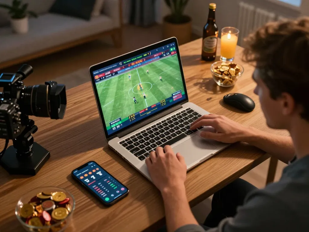 Okwintv user engaging in live sports betting with strategic focus on laptop and smartphone.
