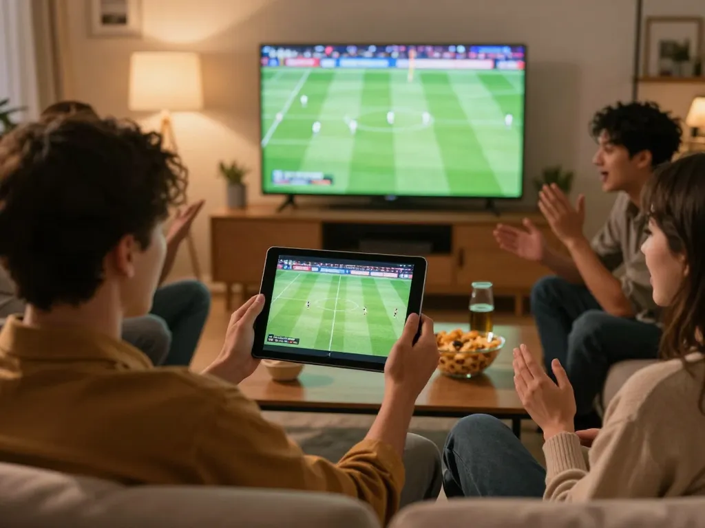 Watch xem bóng đá okwintv streamed live on a tablet with friends during an exciting sports night.