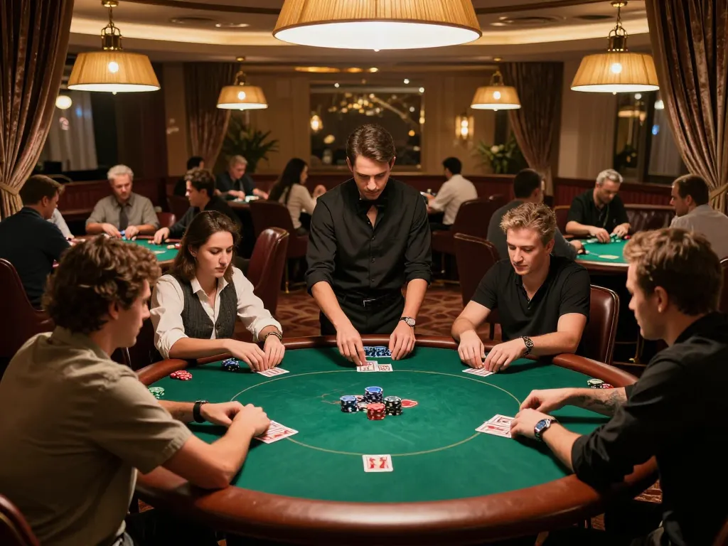 Pemain yang merumuskan strategi dalam permainan poker di suasana kasino yang hidup selama turnamen malam