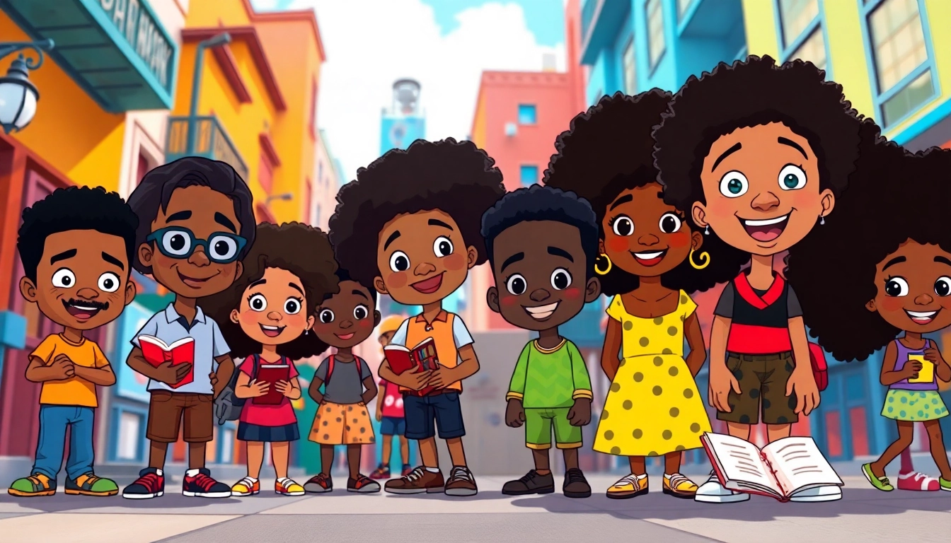 A colorful scene showcasing characters from African American cartoons, celebrating diversity and creativity in animation.