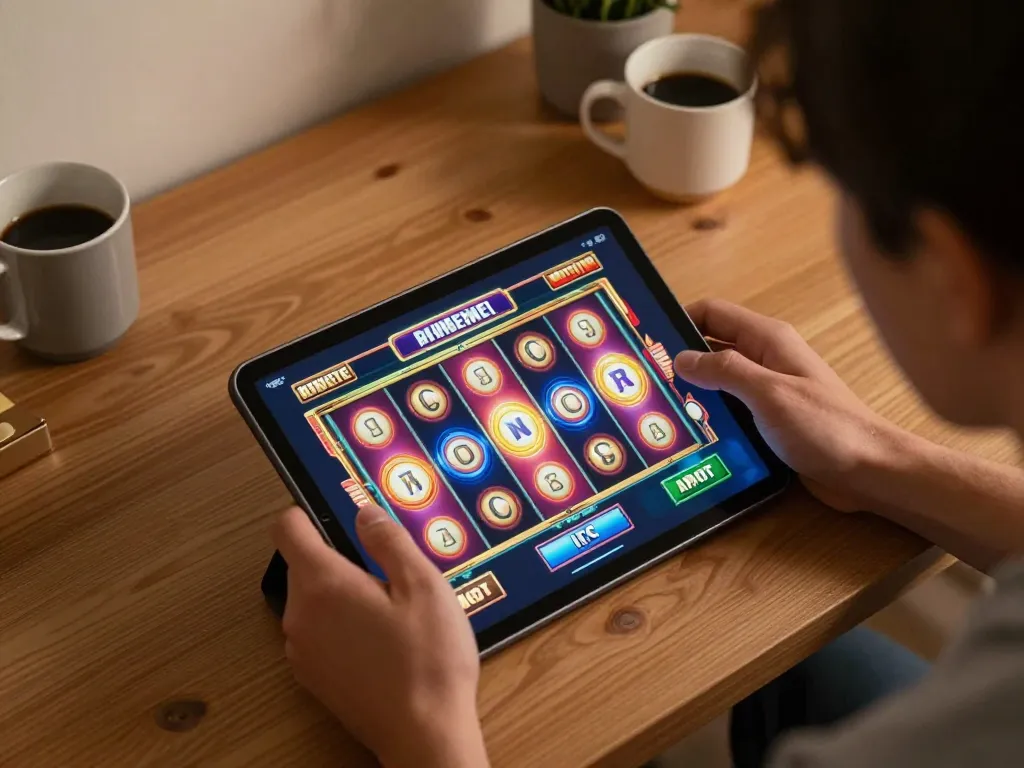 LC88 player spinning reels on mobile slots in cozy home office environment