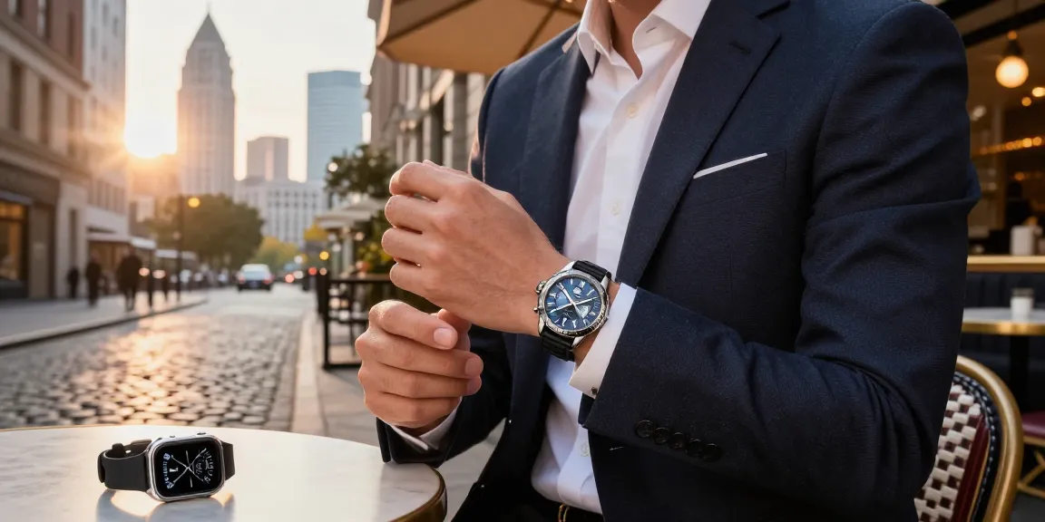 Individual showcasing luxury clone watches in an upscale urban café, exuding elegance and confidence.