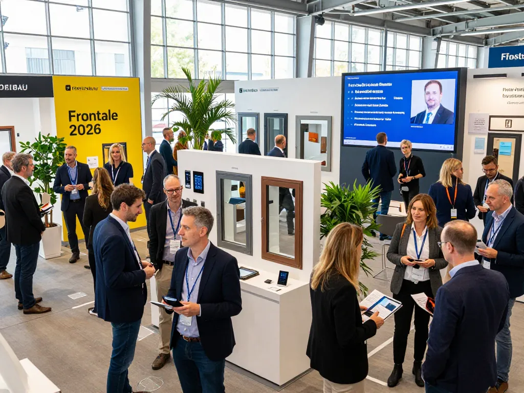 Networking bei Fensterbau Frontale 2026 mit innovativen Fensterpräsentationen und Fachleuten beim Lernen.