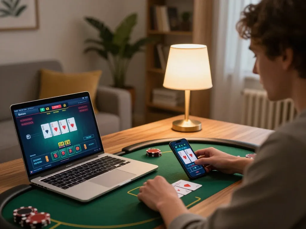 Engaging in online gaming with gajah toto on laptop and smartphone in a cozy living room setup
