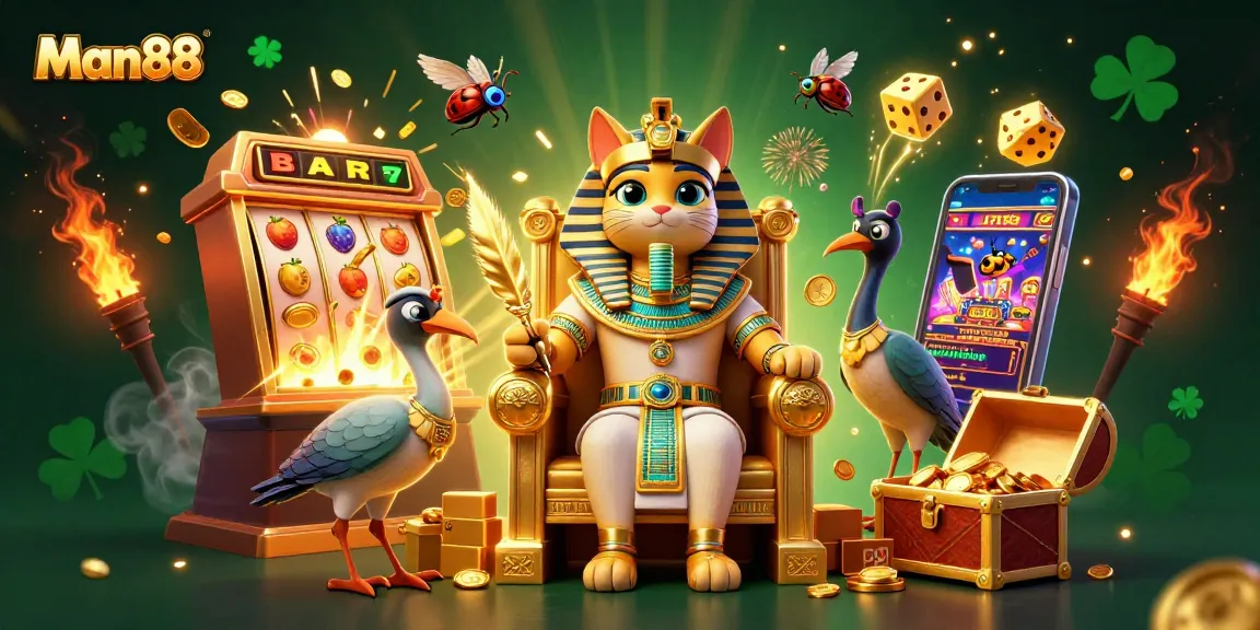 Spin to win big with Man88's vibrant casino-themed 3D illustration featuring dynamic slot elements.