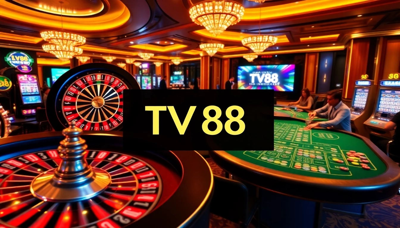 Players enjoying a thrilling game at TV88 casino with vibrant roulette and poker tables.