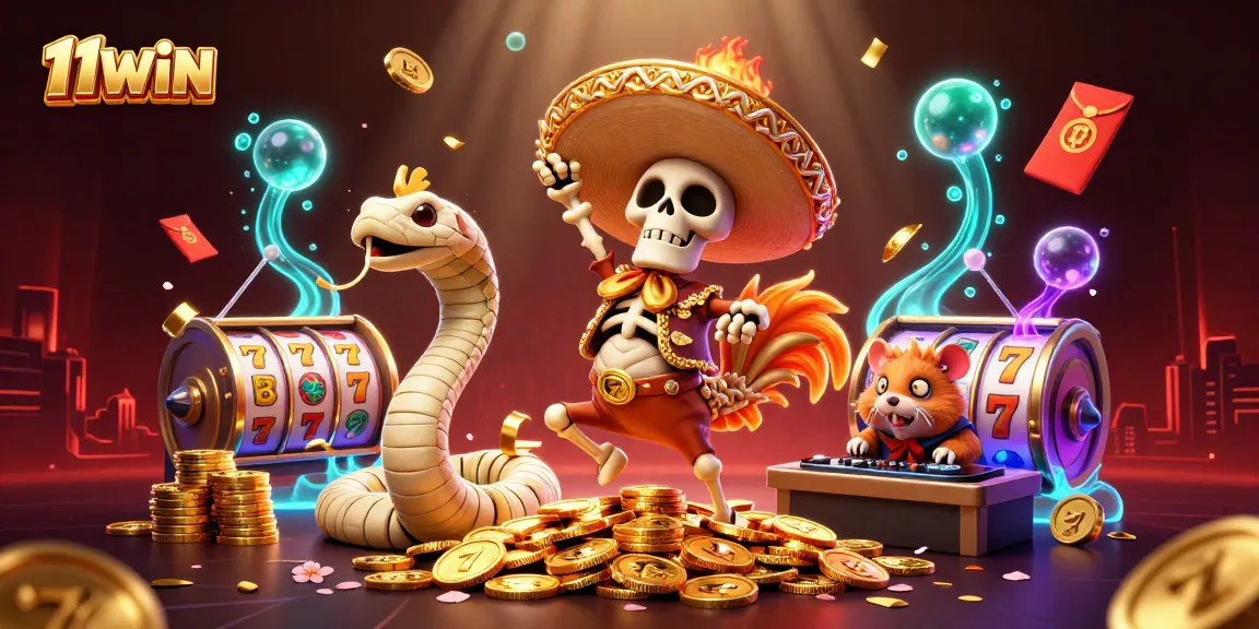 11WIN slot victory dance scene with vibrant characters, gold coins, and dynamic casino elements.