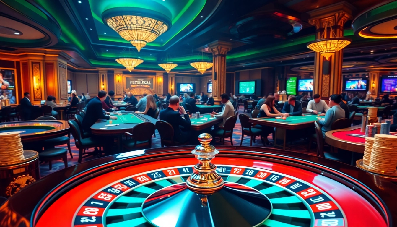 Experience the excitement of gaming with Fly88.legal's vibrant casino atmosphere, showcasing betting tables and colorful chips.
