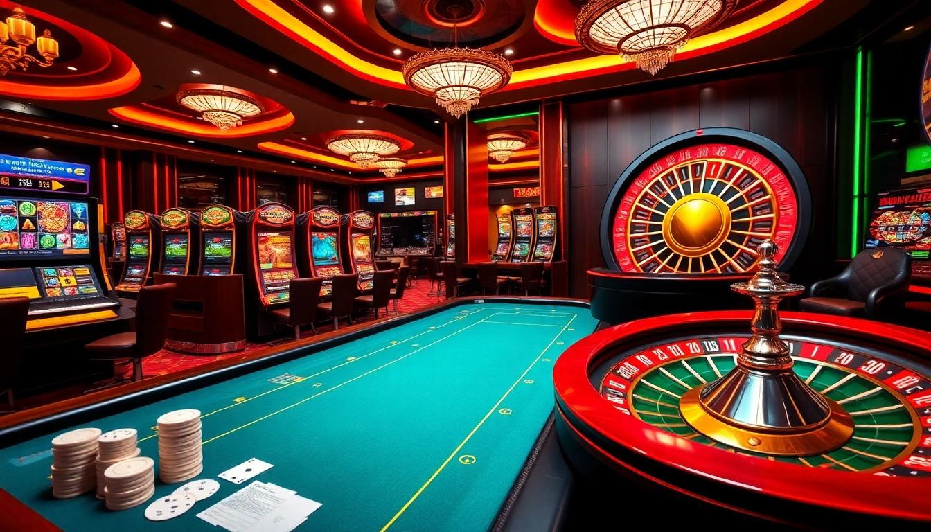 Engaging image showcasing nhà cái thabet with an exciting casino atmosphere, featuring poker and slot games.