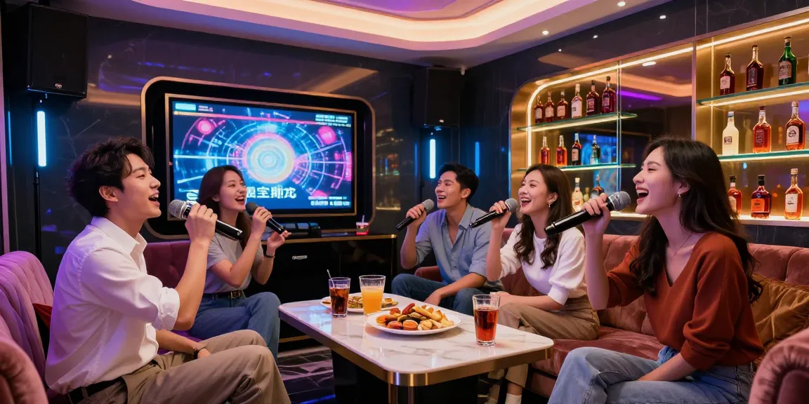 강남가라오케의 화려한 룸에서 친구들이 즐거운 시간을 보내는 모습