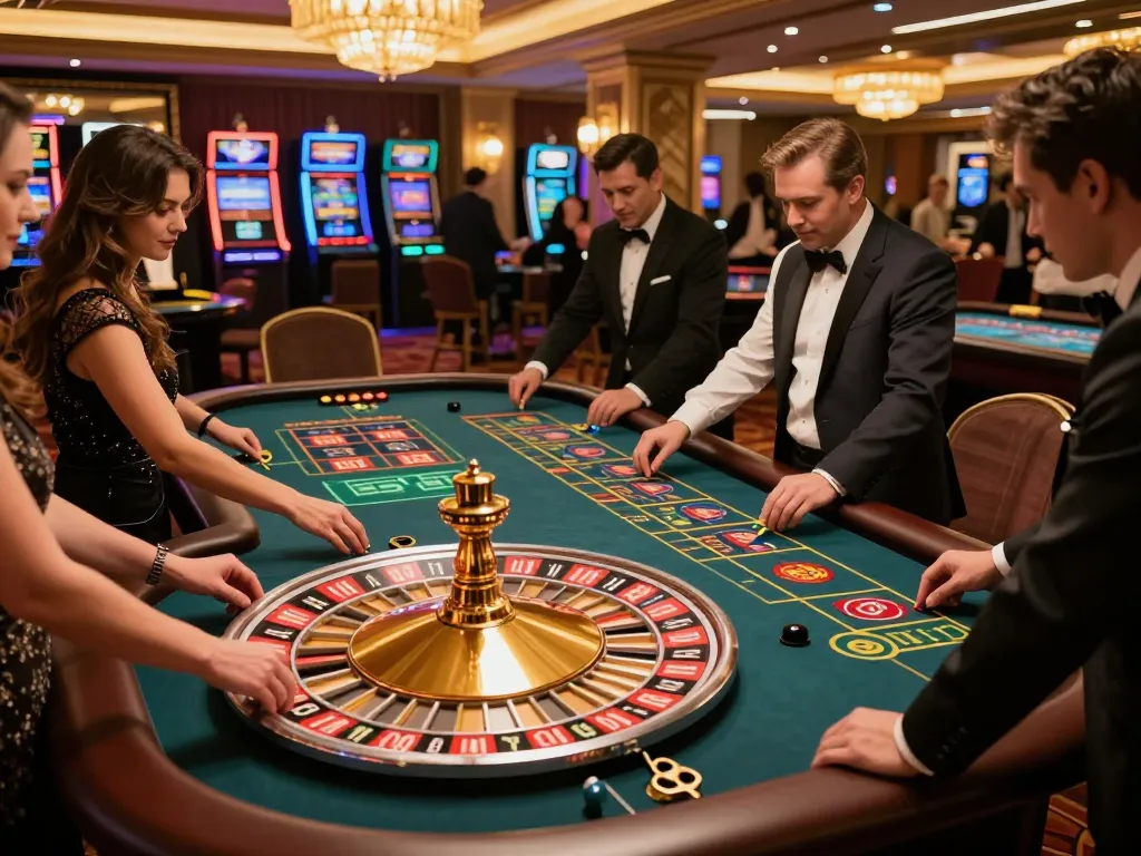 X88 players engaging at a lively roulette table with bets placed, creating an electric casino atmosphere.