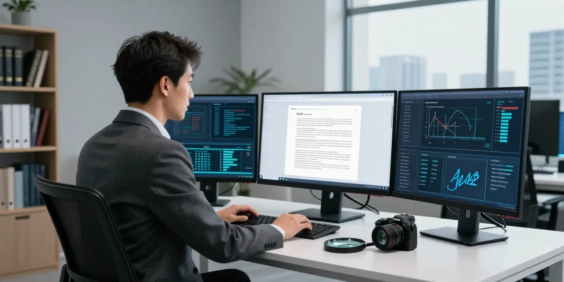 Data analyst verifying PDF documents using AI technology to detect fake PDF quickly and accurately