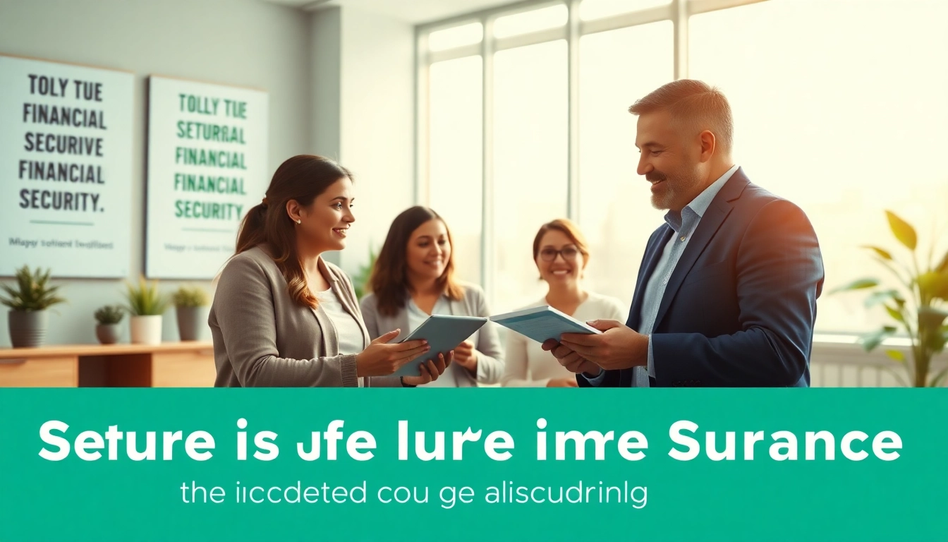 Family discussing life insurance options with a professional agent in a modern office