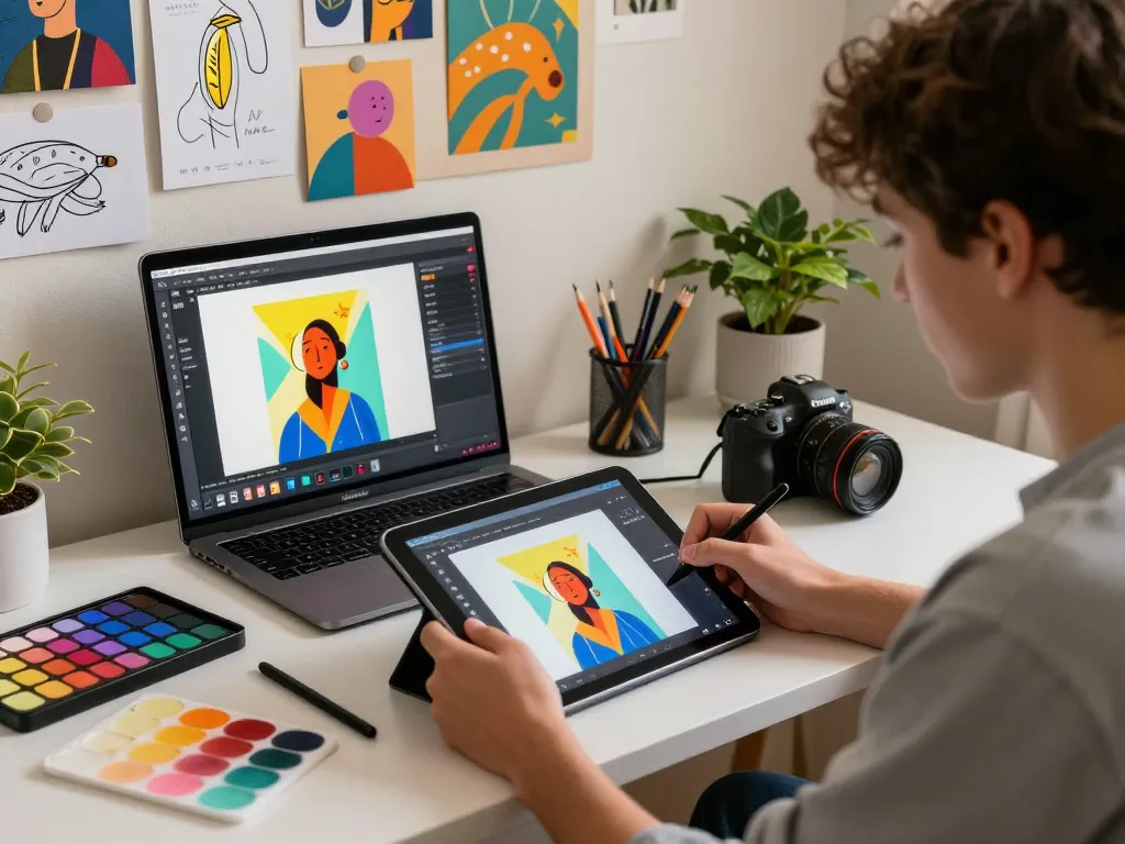 Artist using nano banana flash in a vibrant digital workspace to enhance creative projects.