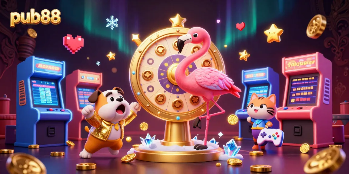 Engage in thrilling gaming adventures at pub88 with colorful casino elements and characters.