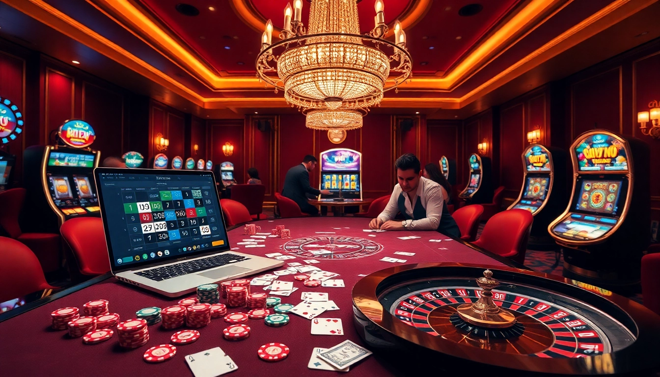 Engaging scene of players at a luxurious casino with vibrant elements from https://okwin68.net/ showcasing high-stakes gambling.