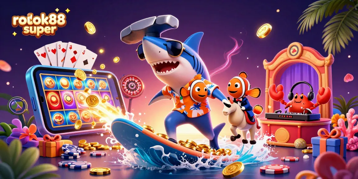 Experience excitement with rokok88 super as a shark surfs coins, igniting slot riches and gaming thrills.