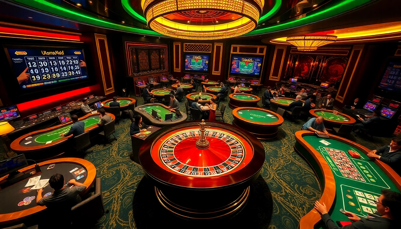 Para pemain merayakan kemenangan sambil memeriksa prediksi Utama4D Togel di dalam adegan kasino yang penuh warna.
