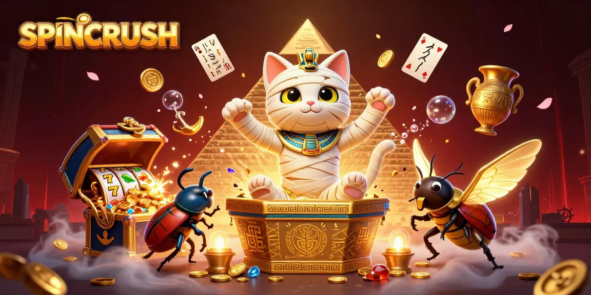 SPINCRUSH captivates players with a mummy cat, glowing scarab, and interactive slots in a vibrant casino.